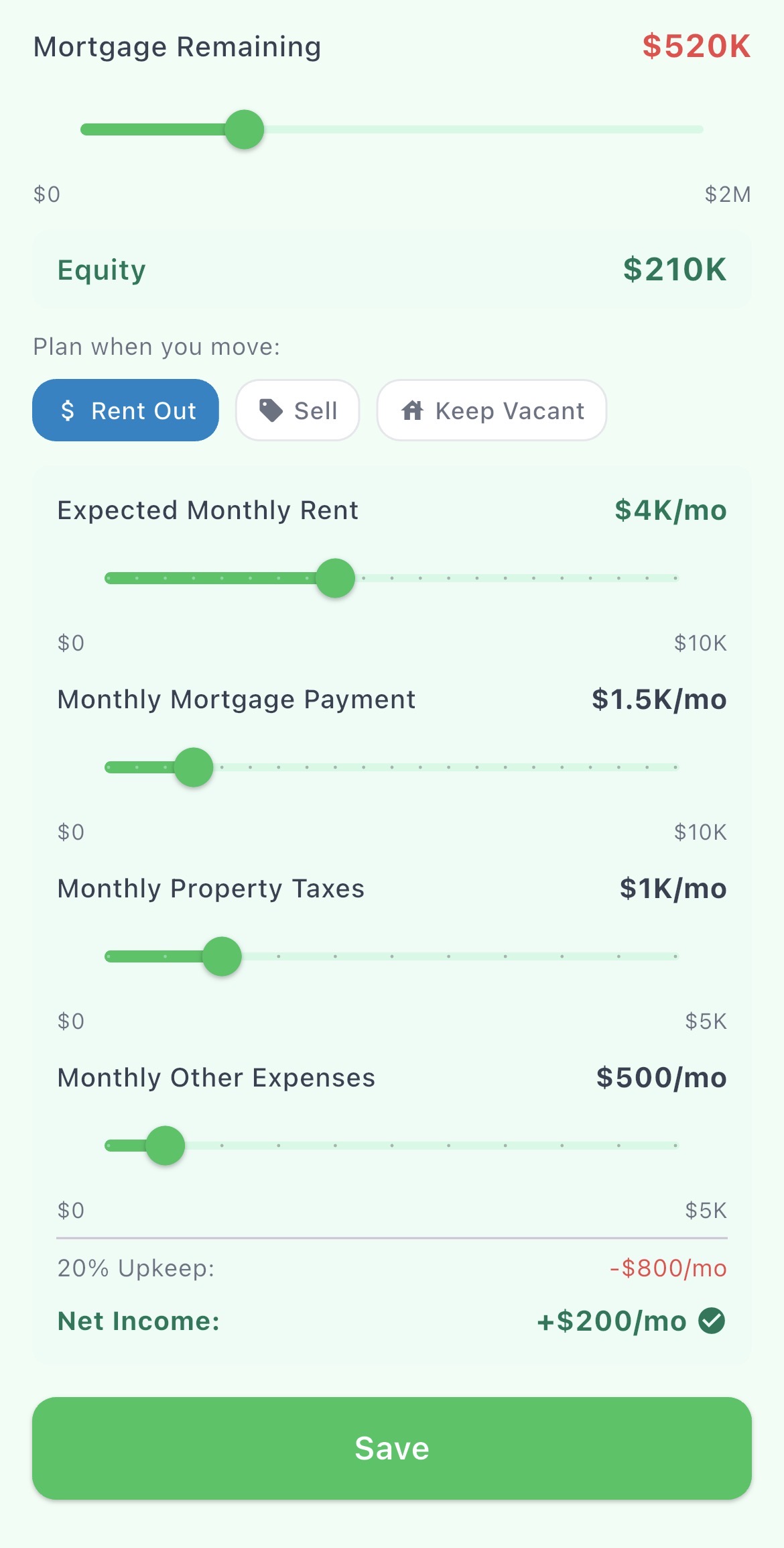 Breather property planner — US mortgage, rent-out vs sell decision