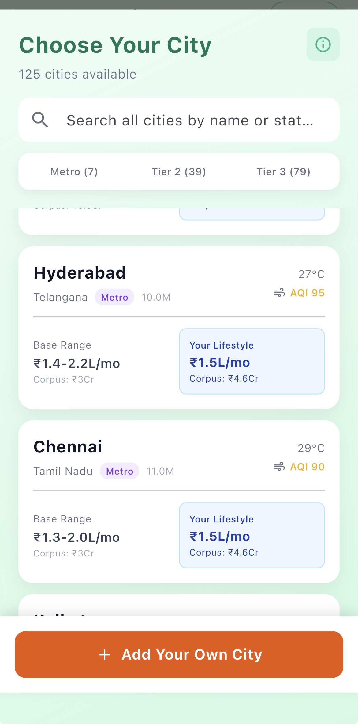 Breather city picker — 125 cities with personalised lifestyle cost