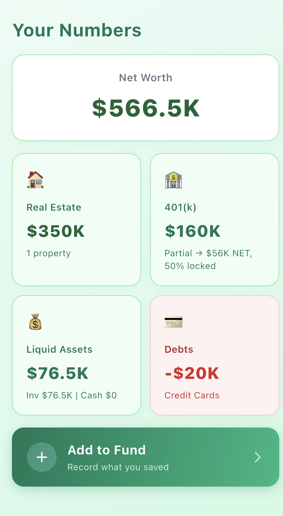 Breather Numbers tab — net worth with 401k, real estate and liquid assets